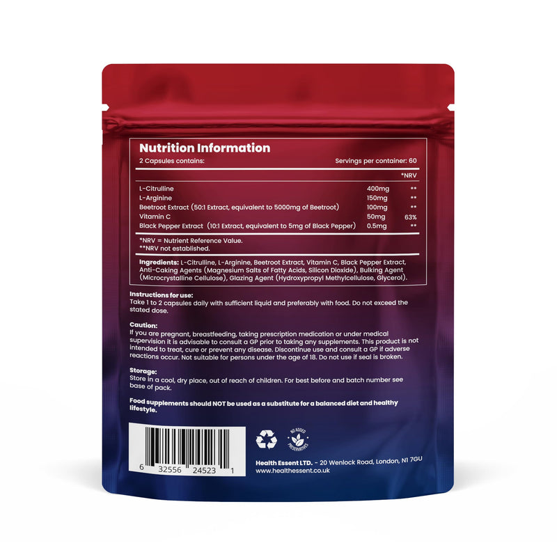 HealthEssent Beetroot Capsules 5600mg High Strength Nitric Oxide Booster | Triple Complex with 5000mg Beetroot, 400mg L-Citrulline, 150mg L-Arginine, Vitamin C & Black Pepper | 120 Vegan Capsules