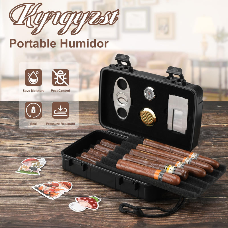 [Australia] - Travel Cigar Case Holds 10 Cigars, Portable Cigar Humidor includes Cigar Cutter, Humidifier, Hygrometer - Cigar Accessories Set for Men (Black) Black 