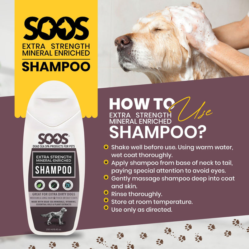 Soos Pets Shampoo Extra Strength for Cat and Dog Shampoo Natural Dead Sea Mineral Enriched Fast Absorbing with Vitamins Essential Oils Natural Ingredients Antib-acterial - 1x 250ml - PawsPlanet Australia