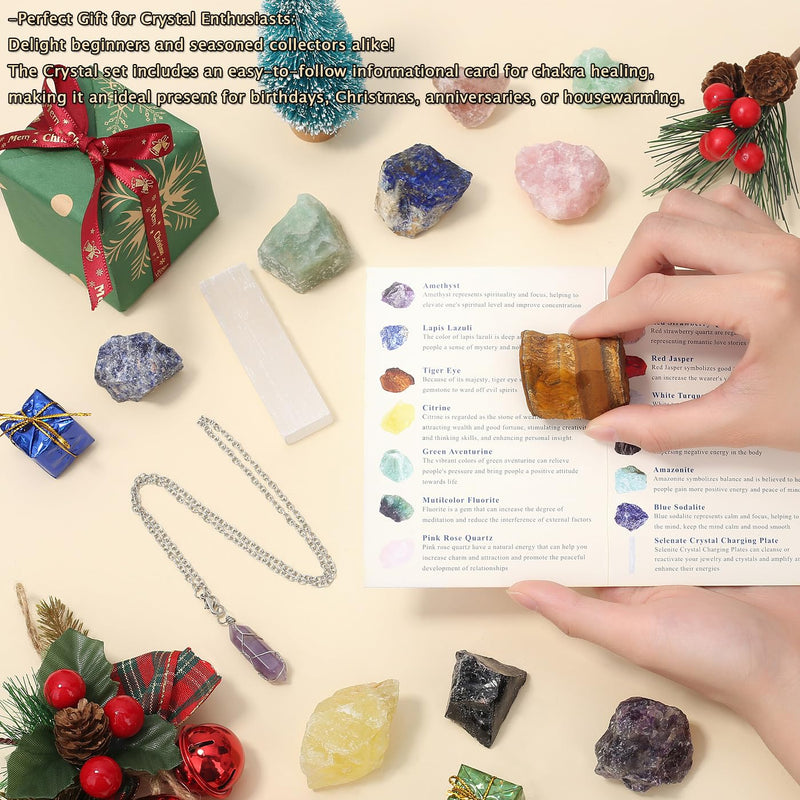 [Australia] - MAIBAOTA 17 Pcs Crystals and Healing Stones 14 Pcs Raw Healing Crystals and Chakra Stones Set Amethyst Rose Quartz Selenite Gemstones Necklace for Meditation Guide for Beginners (with Gift Box) 