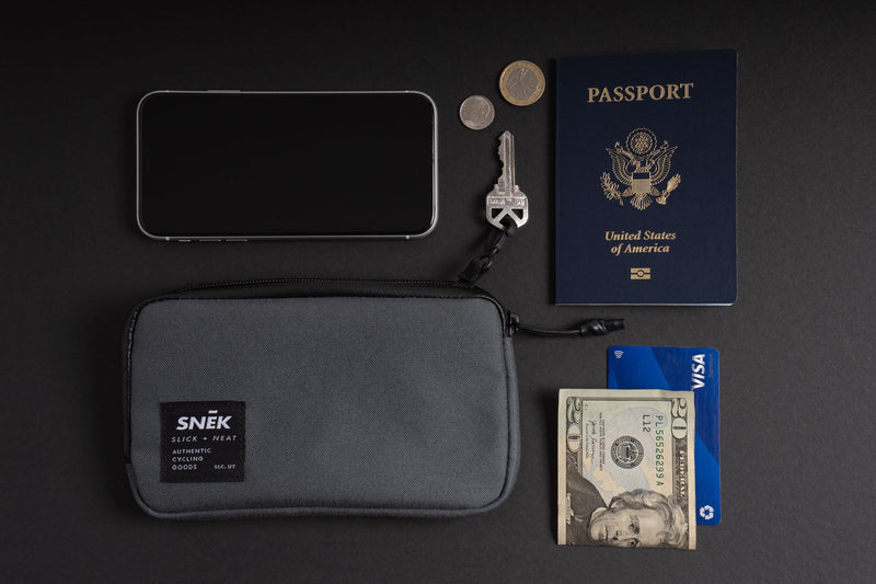 SNEK Wanderer Travel Wallet for Bikes and Travel | Weather Resistant Cordura Organizer Wallet with Zippered Pocket for Phone, Cash, Cards, Passport, Lightweight and Durable | Charcoal