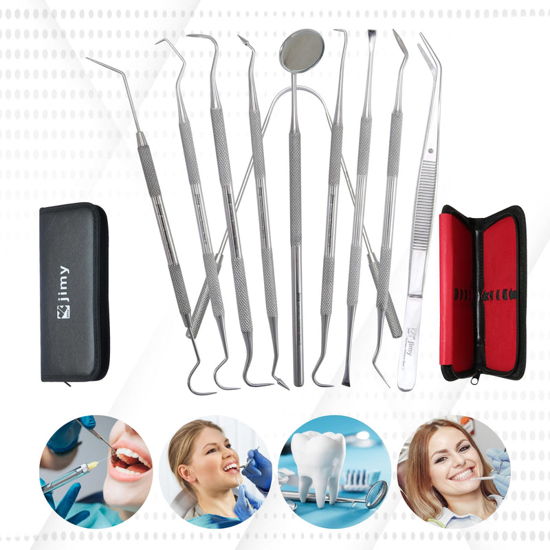[Australia] - Jimy Dental Tools Set of 10Pcs, Professional Plaque Remover for Teeth, Stainless Steel Tooth Scaler & Tongue Cleaner, Dental Pick Tartar Scraper, Teeth Cleaning Tools with Case 