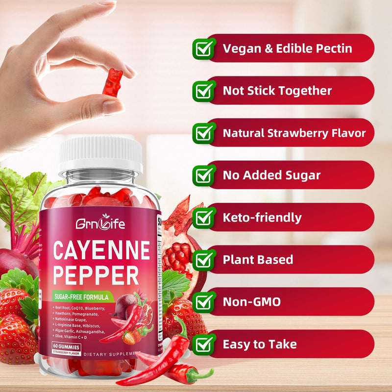 2 Pack Cayenne Pepper Beet Root Gummies, with Beetroot Garlic CoQ10 Hawthorn Berry Grape Seed Extract Olive Leaf Nattokinase Hibiscus Vitamin D Nitric Oxide, Support Overall Wellness, 120 Count 120 Count (Pack of 1)