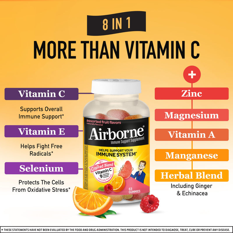 Airborne 750mg Vitamin C Gummies for Adults, Immune Support Supplement with Powerful Antioxidants Vitamins A C & E - 2x63ct Bottles (126 Gummies), Assorted Fruit Flavor | Antioxidants Vitamins A, D & E + Zinc, Selenium, and Manganese, Herbal Blend, Nat...