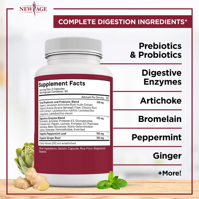 [Australia] - NEW AGE Digestive Enzymes for Gut Health - Probiotic Multi Enzymes with Prebiotics and Probiotics with Lipase for Women and Men for Digestive Health, Daily Enzymes for Digestion - 120 Count 60 Count (Pack of 2) 
