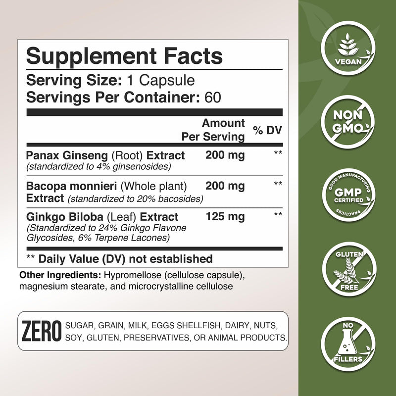 [Australia] - Gade Nutrition Ginkgo Biloba with Ginseng Supplement and Bacopa Monnieri | Brain Supplements for Memory and Focus with panax Ginseng & Ginko biloba Capsules - Memory Supplement for Brain 