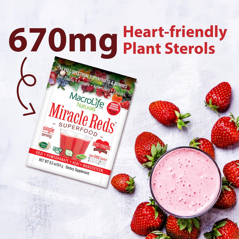 MacroLife Naturals Miracle Reds Superfood Powder, 19 Fruits, 12 Packets | Beet, Blueberry, Elderberry, Acai & Turmeric; Antioxidants & Polyphenols; Raw, Organic; Single-Serve Packets 4 Ounce (Pack of 1)