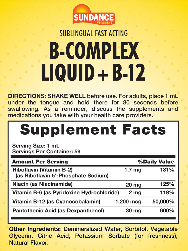 Sundance Sublingual Vitamin B Complex | 2 Fluid Ounces | with B-12 | Berry Flavor | Vegetarian, Non-GMO, and Gluten Free Supplement 2 Fl Oz (Pack of 1)