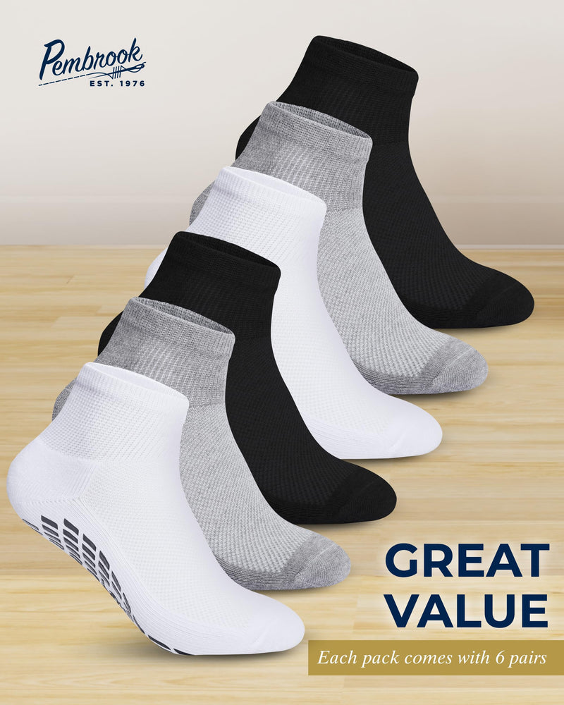 [Australia] - Pembrook 6 Pairs Diabetic Ankle Socks for Men & Women with Grips - 12 Colors Neuropathy Socks for Men | Non Slip Edema Socks Large 2 Black, 2 Grey, 2 White 