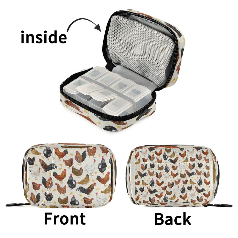 Hens Roosters Chickens Set Pill Organizer Case 7 Day Rustic Travel Pill Box with Zipper Portable Small Weekly Vitamin Medicine Supplement Holder Pouch Bag