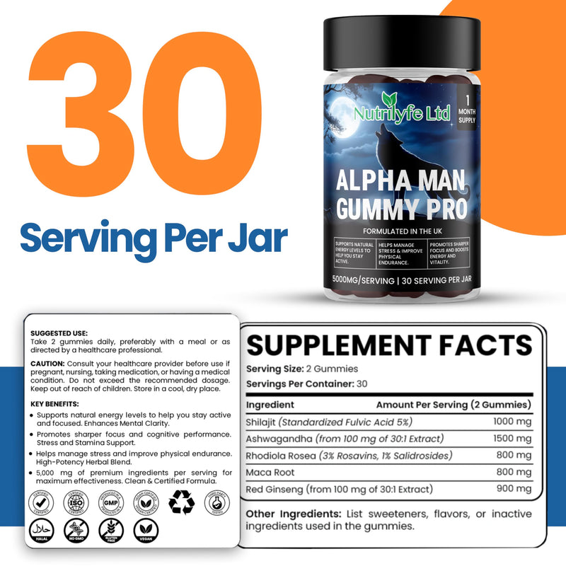 Alpha Man Gummy Pro – 5000mg High Strength Energy, Stamina & Vitality Gummies for Men with Maca, Ashwagandha, Rhodiola, Ginseng & Shilajit | Vegan Food Supplement | 60 Gummies