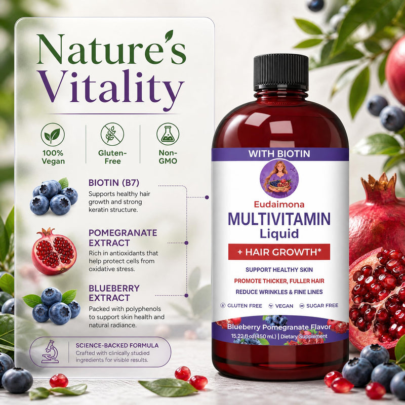 Liquid Multivitamin + Hair Growth | Biotin 10000mcg | Support Healthy Skin,Promote Thicker Hair,Reduce Wrinkles & Fine Lines, uitable for Ages 18+ | 15.22 Fl Oz