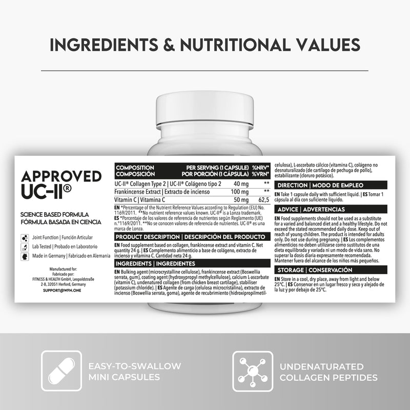 WFN Approved UC-II - Type 2 Collagen for Joints - 60 Capsules - 40mg Undenatured Type II Collagen - Complex with UC II Collagen, Vitamin C & Boswellia Serrata - Produced & Tested in Germany
