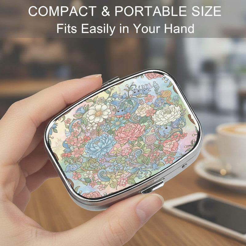 Square Pill Case Small Pill Box with Mirror Pocket 2 Compartment Vitamin Pill Medicine Case Organizer Pill Containers for Traveling Blooming Flower Two