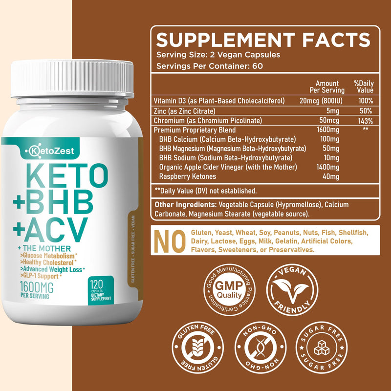 [Australia] - Keto ACV BHB Capsules 1600mg for Advanced Weight Loss & Belly Fat Burn - Organic Apple Cider Vinegar with The Mother Ketones Vegan Supplement - with Vitamin D3 Zinc Chromium for Men Women 120 Count (Pack of 1) 