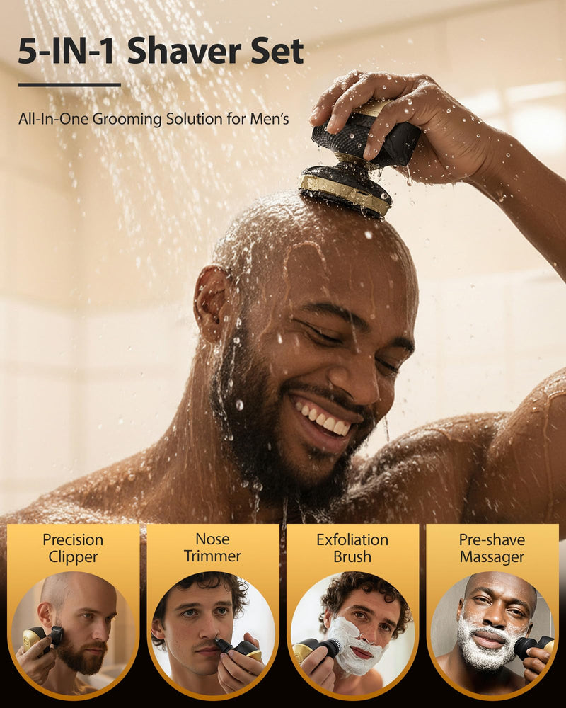 [Australia] - Head Shaver Pro for Bald Men [Titanium-Coated Blades] 5-in-1 Magnetic Electric Trimmer, Powerful 8500 RPM Motor, USB-C Fast Charge, LED Display, IPX7 Waterproof for Body Hair Grooming (Gold) 