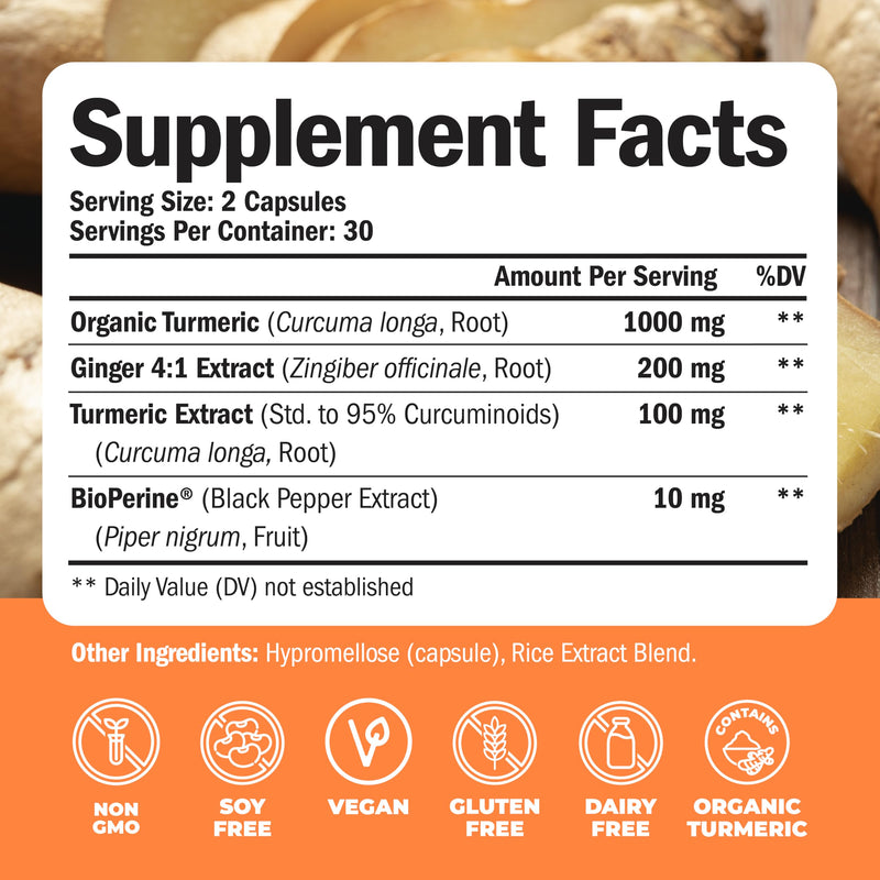 [Australia] - Tumeric and Ginger with Black Pepper - Natural Turmeric Curcumin Joint Support Supplement with Bioperine & 95% Curcuminoids. High Absorption Curcumin Supplements. Digestive & Immune Support. 60 Caps Turmeric Ginger Capsules 