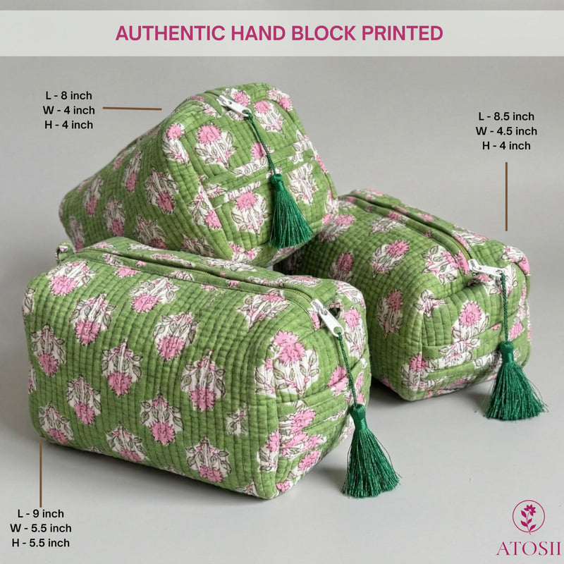 ATOSII Set of 3 100% Cotton Handblock Print Quilted Toiletry Cosmetic Makeup Travel Bag for Women, Waterproof Inner Lining, Jewelry Essentials Storage Case, Toiletries Pouch Purse, Moss Pink