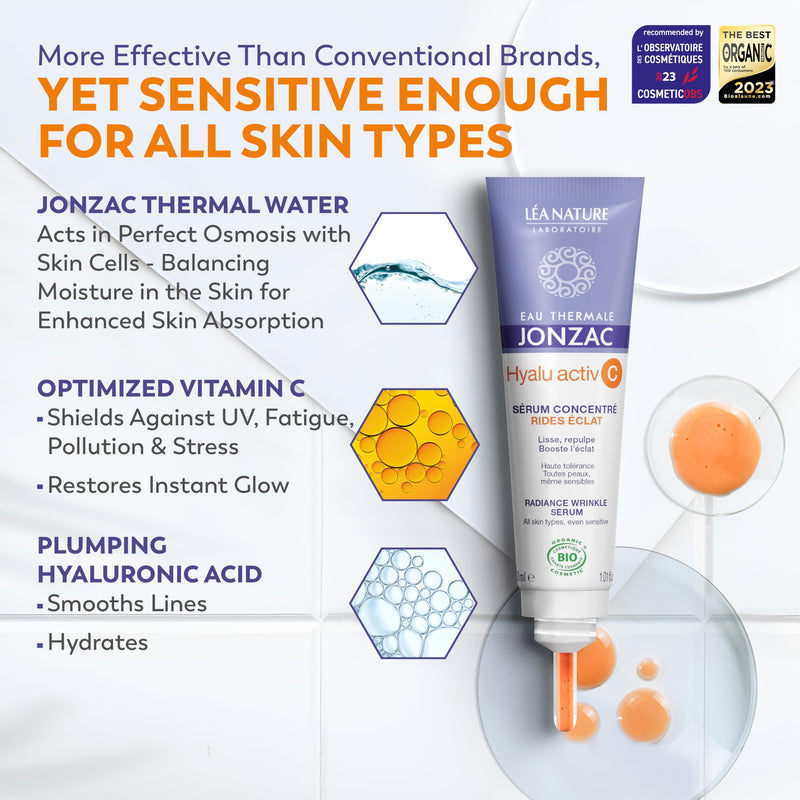 Eau Thermale Jonzac Vitamin C Face Serum, Anti-Wrinkle, 1.01 fl oz | Hyalu Activ C - Optimized Vitamin C, 5x More Stable, with Hyaluronic Acid - For Dull & Uneven Skin - Dermatologically Tested
