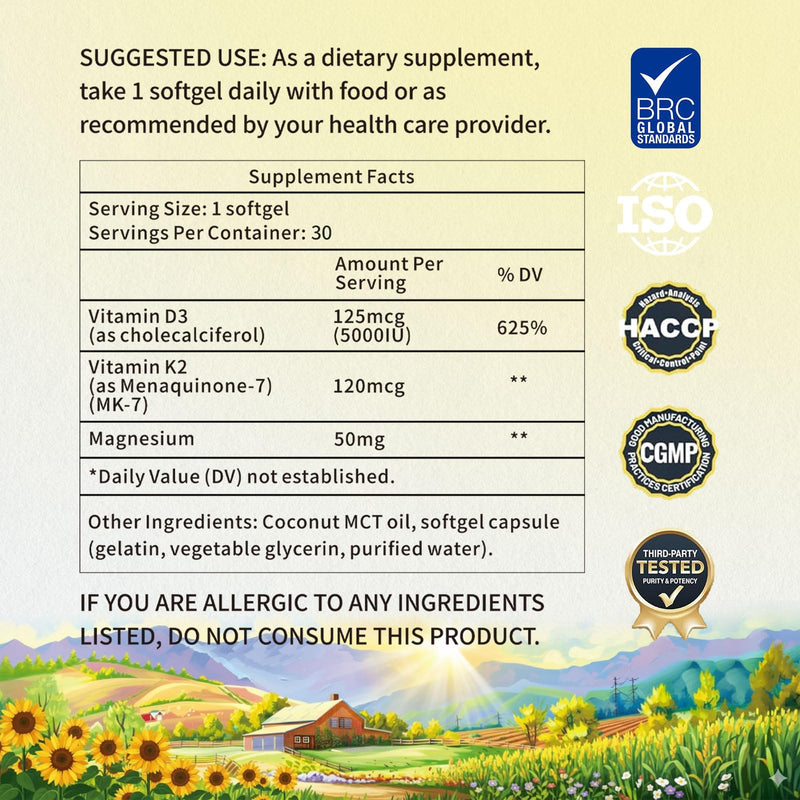 Vitamin D3 K2 5000 IU Softgels with Magnesium Supplement - & 120mcg MK-7 K2 for Bone Health & Immune Support - Non-GMO & Gluten-Free Softgels with MCT Oil- 30 Softgel 30 Count (Pack of 1)