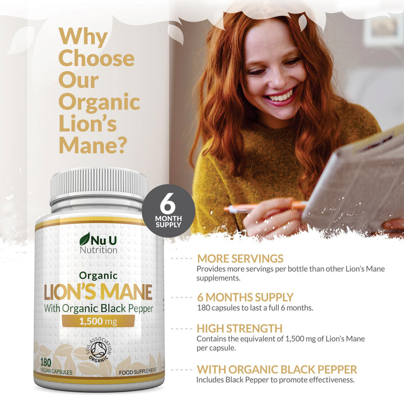 Organic Lions Mane Supplement 1500mg - 180 High Strength Vegan Capsules - 6 Month Supply - Lion’s Mane Mushroom with Organic Black Pepper - Made in the UK - Nu U Nutrition Lion's Mane