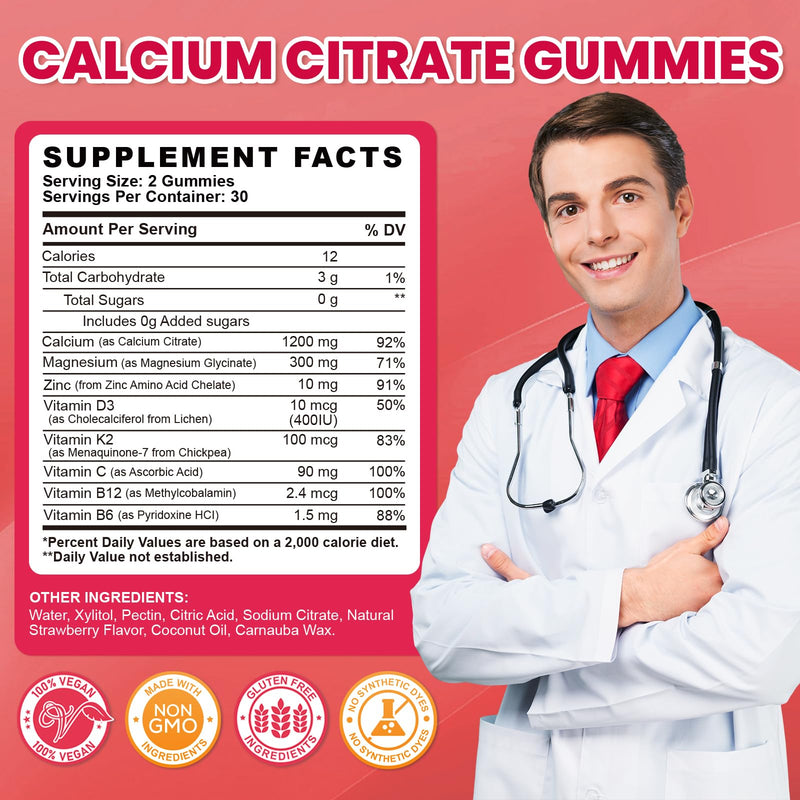Calcium Citrate Gummies - 1200mg Calcium Gummies Supplements for Women & Men with Vitamin D3, K2, Magnesium, Zinc High Absorption for Bone, Muscle & Immune Support, Strawberry Flavor, 120 Count 60 Count (Pack of 2)