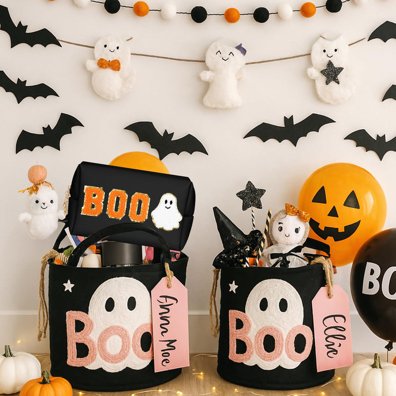 Dripykiaa Halloween Makeup Bag Boo Basket Gifts, Spooky Basket Gift for Women, Large Capacity Cosmetic Pouch with Ghost Chenille Patch, Soft Leather Zipper Toiletry Travel Organizer