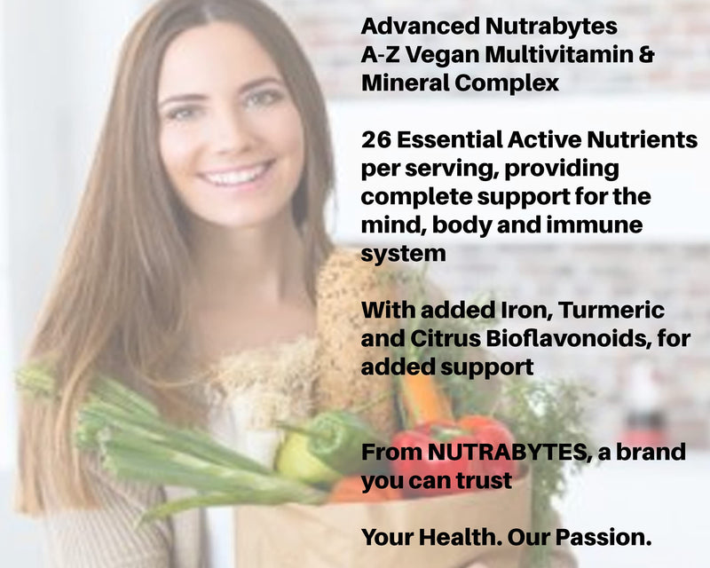 Nutrabytes Vegan A-Z Multivitamin & Mineral Complex, 360 Capsules | 26 Essential Vitamins & Minerals Plant Based Supplement with Turmeric, Iron, Folic Acid and Zinc | 6 Months | UK Made