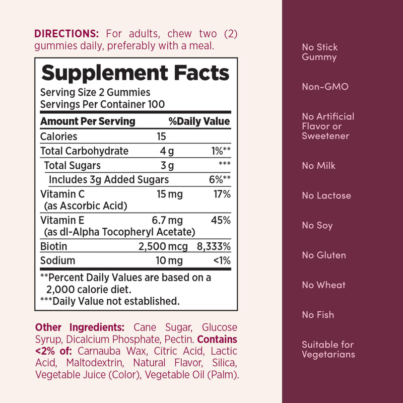 [Australia] - Nature's Bounty Optimal Solutions Hair, Skin and Nails Pectin Gummies, 2500 mcg Biotin Per Serving, No Stick Gummy, Vegetarian Formula, Strawberry Flavor, 200 count, 100 Total Servings 200 Count (Pack of 1) 