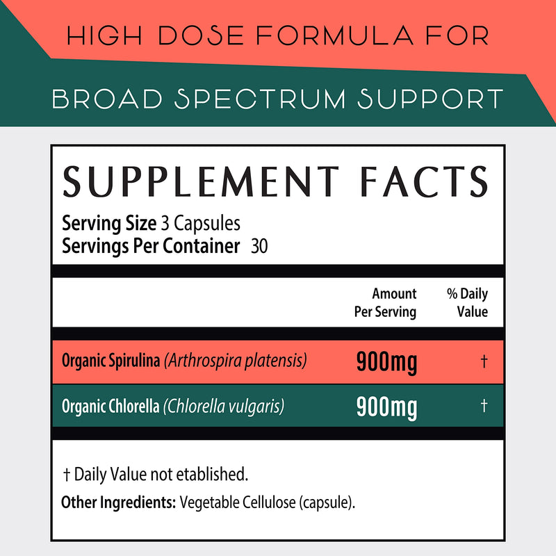 [Australia] - Organic Spirulina and Chlorella Capsules –Organic Chlorophyll Pills & Blue Green Algae to Support Powerful Detox, Energy & A Healthy Immune System– 3X More Chlorella Spirulina Powder/Serving – 90 Ct 