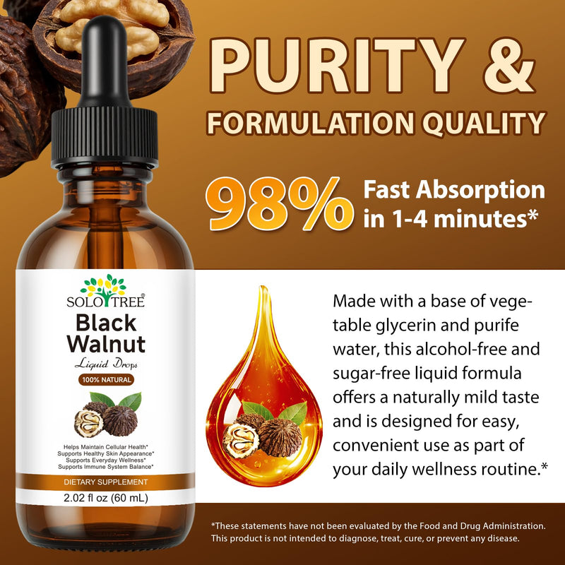 Black Walnut Liquid Drops 60ml Helps Support The Normal Function and Balance of The Immune System - 100% Natural Formula Ingredients, Alcohol-Free & Sugar-Free, Gentle and reassuring.