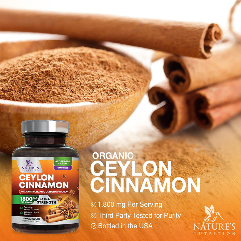 [Australia] - Pure Cinnamon Capsules, Certified Organic Ceylon Cinnamon Pills, Non-GMO, Gluten-Free, Dairy-Free, Sri Lanka Cinnamon Powder Supplement, Best Vegan True Cinnamomum Vitamins, Sugar Free - 240 Capsules 240 Count (Pack of 1) 