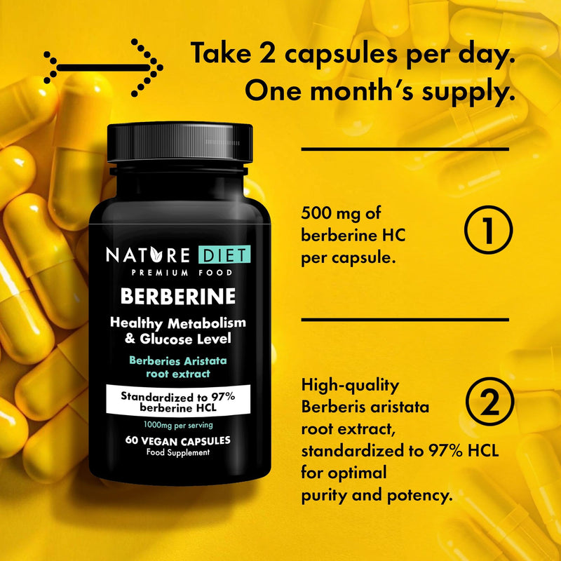 Nature Diet Berberine - 1000mg Berberine HCL per Serving - 60 Vegan Capsules - Supports Metabolism & Glucose Levels