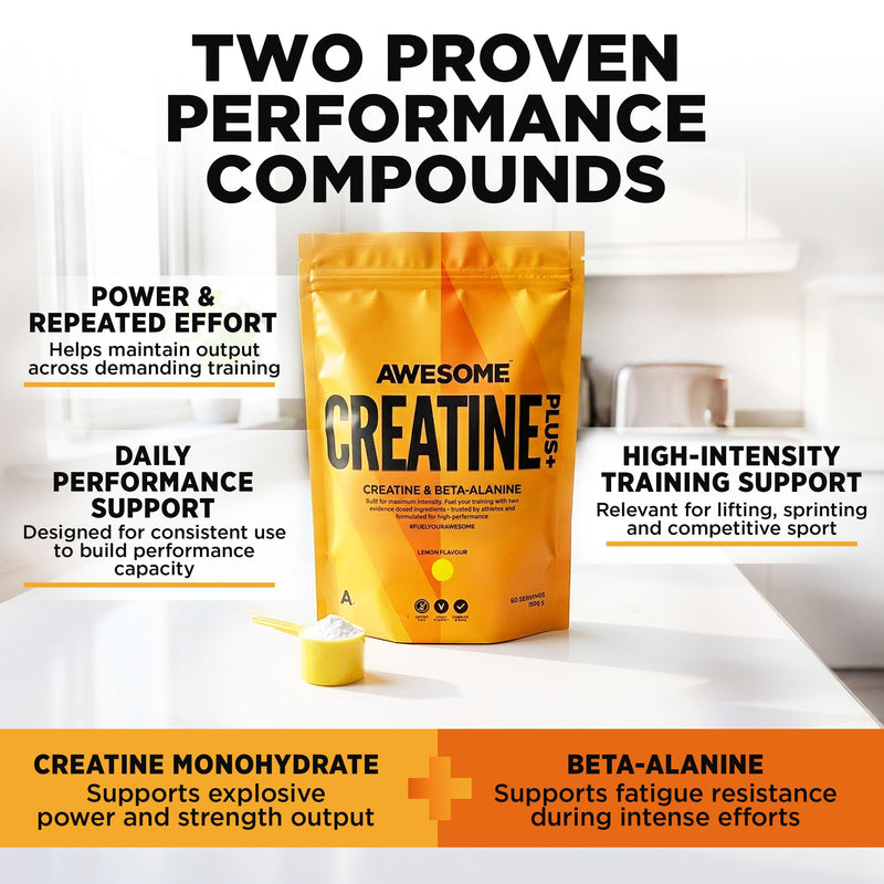 Awesome Creatine Plus+ Powder – 3g Creatine Monohydrate + 3g Beta-Alanine Per Serving – Supports High-Intensity Performance & Repeated Efforts – Lemon Flavour – 450g (60 Servings)