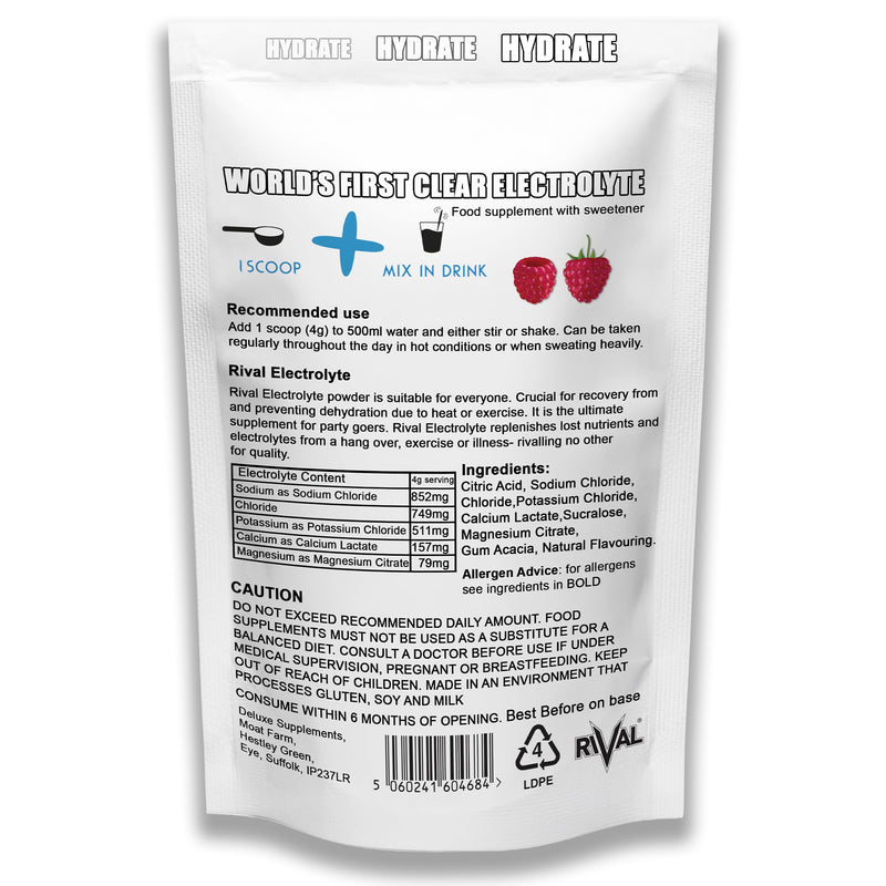 Rival Electrolyte Powder 250g Rapid Rehydration Naturally Flavoured, Sugar Free, Zero Carbs, Vegan, Keto Friendly - 62 Servings Made in The UK | Raspberry