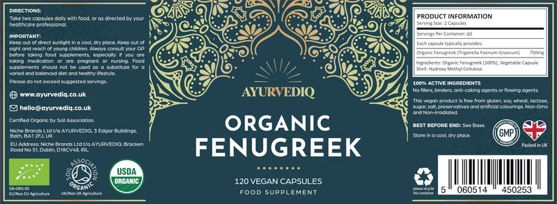 Ayurvediq Organic Fenugreek Capsules - 120 Vegan High Strength Fenugreek Powder Capsules for Lactating Mums, Hormonal & Blood Sugar Balance, Natural Supplements for Digestion 1 count (Pack of 120)
