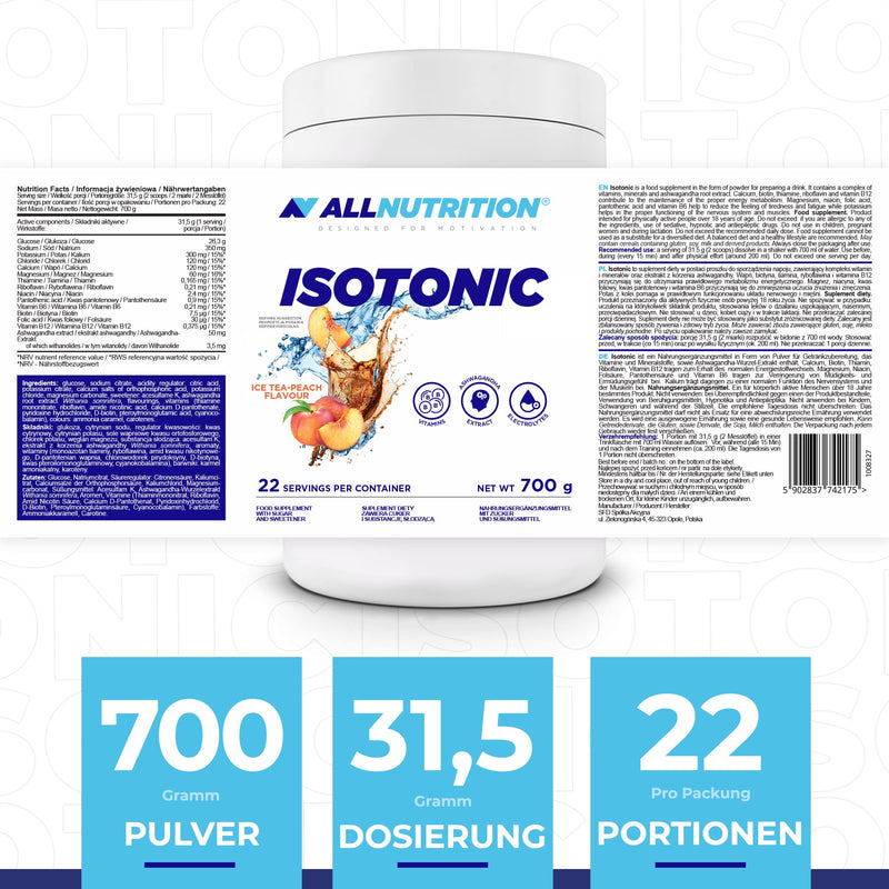 [Australia] - ALLNUTRITION Isotonic drink concentrate in powder form - increasing endurance and recovery after training - hydrates electrolyte replenishment with glucose 700 g iced tea peach 700 g (pack of 1) 