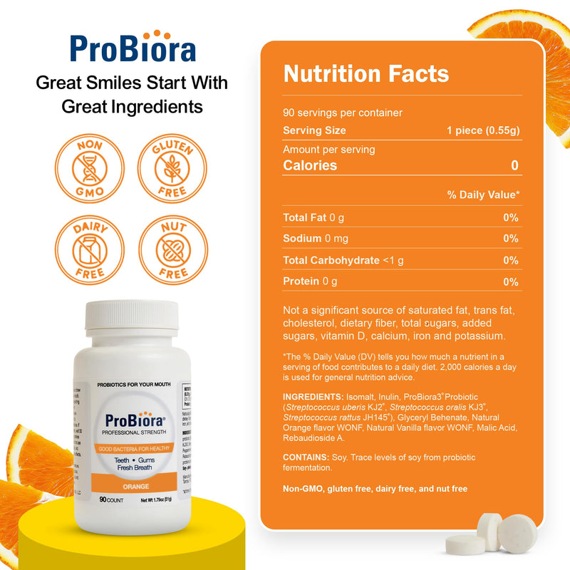 [Australia] - ProBiora Professional Strength Oral Probiotics for Teeth and Gums | Dental Probiotic for Oral Health | Bad Breath Treatment for Adults | Tooth Whitening | ProBiora3 Probiotic Blend | 90 Orange Tablets 