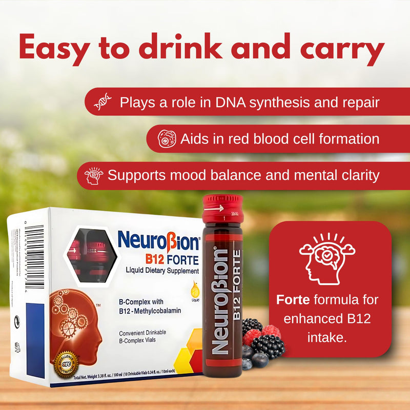 Neurobion Forte Vitamin B12 Methylcobalamin B6 B2 Niacin Liquid Shots Daily Energy & Nervous System Support Complex Easy Oral Drinkable10 Vials