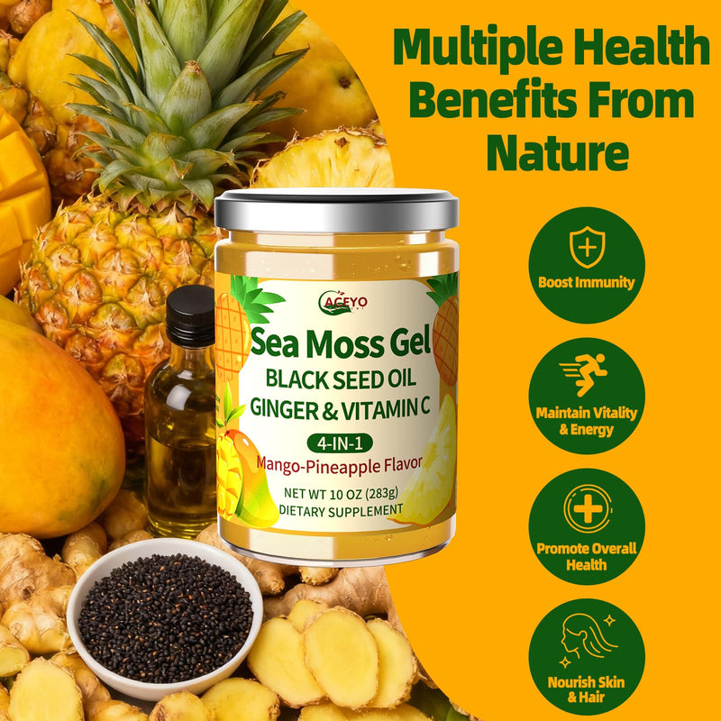 ACEYO Sea Moss Gel 4-in-1, Irish SeaMoss with Black Seed Oil & Ginger | Rich in Minerals & Vitamins,Immunity & Health Support,Superfood,Non-GMO, Vegan,Mango Pineapple Flavor,10 oz (Pack of 1) MangoPineapple 10 Ounce (Pack of 1)