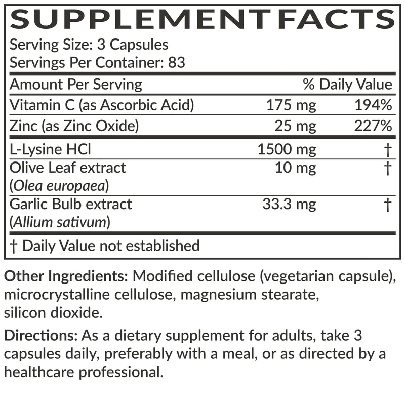 Futurebiotics L-Lysine Defense Immune Support Complex 1500 MG Per Serving with Vitamin C, Zinc, Olive Leaf & Garlic - Non-GMO, 250 Vegetarian Capsules 250 Count (Pack of 1)