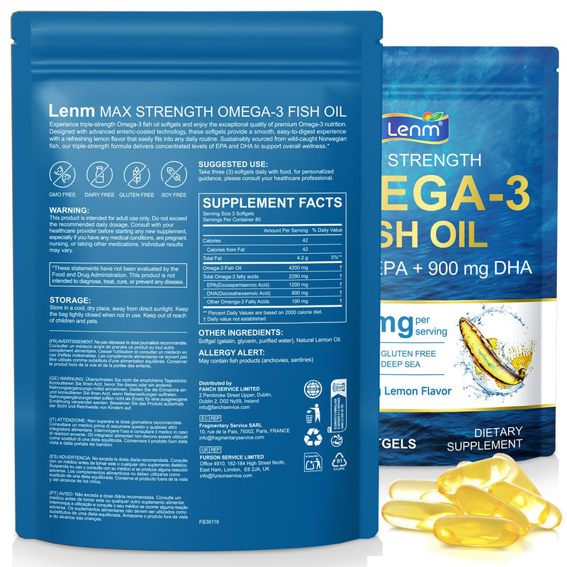 Omega 3 Capsules High Strength Fish Oil 4200mg | 240 Softgels with Lemon Flavour | 1200mg EPA + 900mg DHA per Serving | High Strength Triple Action Omega 3 Supplement for Heart, Brain & Eye Health