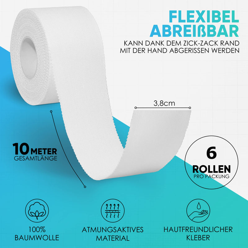 [Australia] - Health Press® sports tape - 6 tape rolls (3.8 cm x 10 m) - sports tape white - tearable professional sports tape - sports tape bandage for all sports 6 pieces (3.8 x 1000 cm) white 