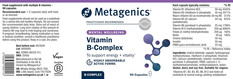 Metagenics - High Strength Vitamin B Complex - Reduction of Tiredness and Fatigue - Supplement with Folate, Vitamin B6 + B12, Inositol & Choline - 90 Capsules