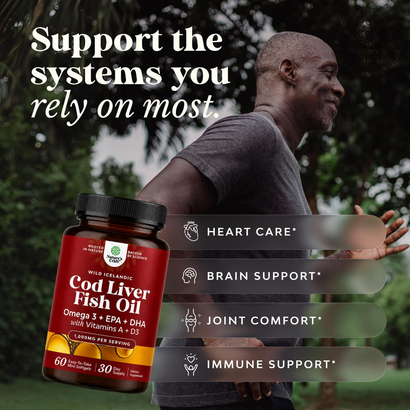 Cod Liver Oil Capsules, Omega 3 Fish Oil, 30-Day Supply, 60 Mini Softgels | 1,000 mg per 2-softgel serving with 240 mg total omega-3s, EPA & DHA, vitamins A & D3, from wild-caught Icelandic cod 60 count (Pack of 1)