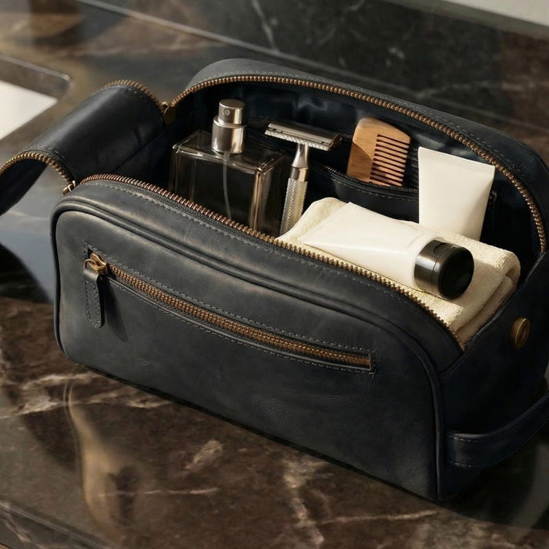 Full Grain Leather Toiletry Bag for Men & Women – Water-Resistant Travel Shaving Kit Organizer with YKK Zipper, Spacious Bathroom Grooming & Cosmetic Storage Case - Black