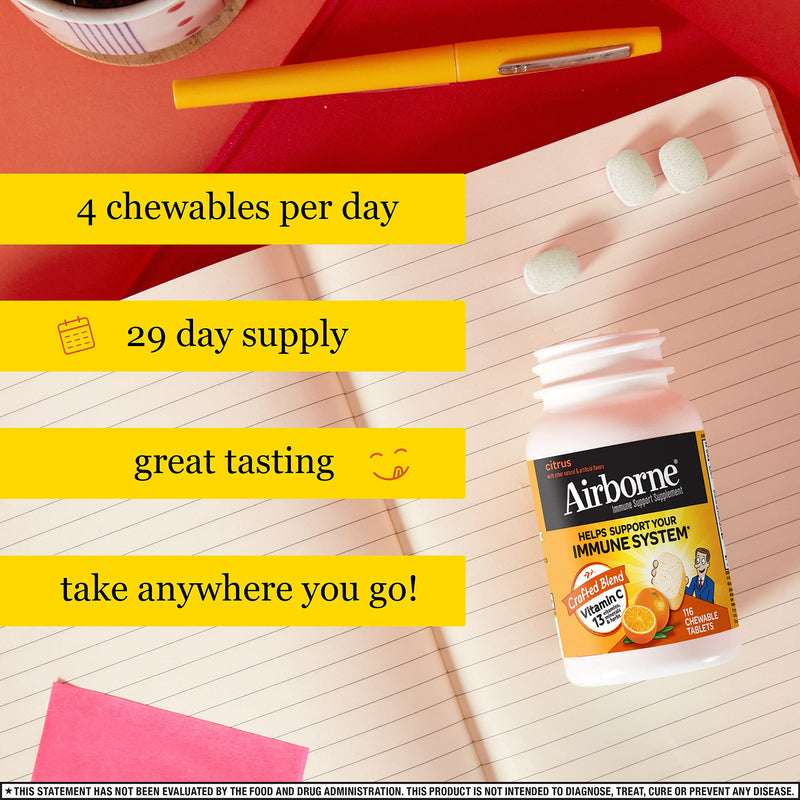 Airborne 1000mg Vitamin C Chewable Tablets Citrus & Very Berry Flavor Bundle - Immune Support Supplement with Zinc and Powerful Antioxidant Vitamins A C & E, (2x116ct bottles)* 116 Count (Pack of 2)