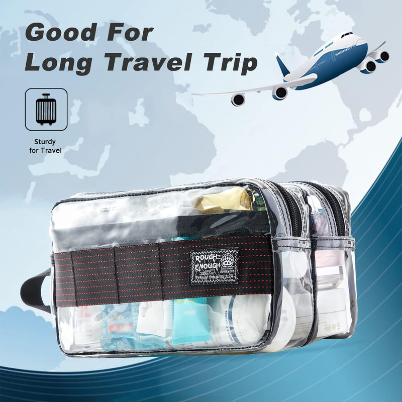 Rough Enough Clear Travel Toiletry Bag for Men Women Traveling Toiletries Essentials Shaving Hygiene Dopp Kit | Dual-Compartment Design, Water-Resistant Thick PVC, YKK Zipper, Fits Full-Size Toiletries & Makeup, with Reinforced Handle