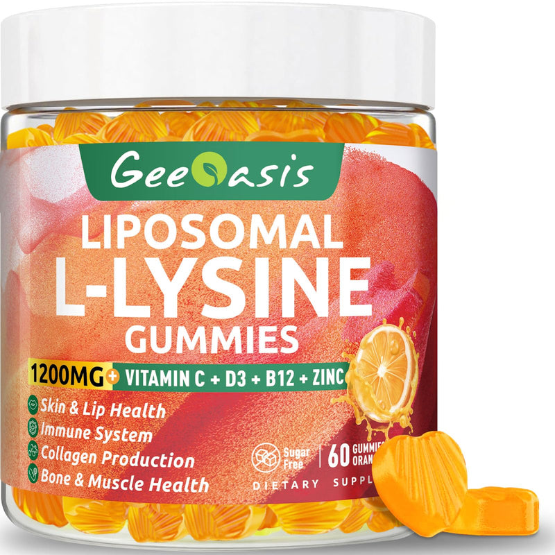 [Australia] - Liposomal L-lysine Gummies 1200mg, Lysine Chewable Supplement with Vitamin C, D3, B12 & Zinc for Adults & Kids, Immune & Collagen Support, Lips & Skin Health, Vegan, Natural Fruit Flavor, 60CT 