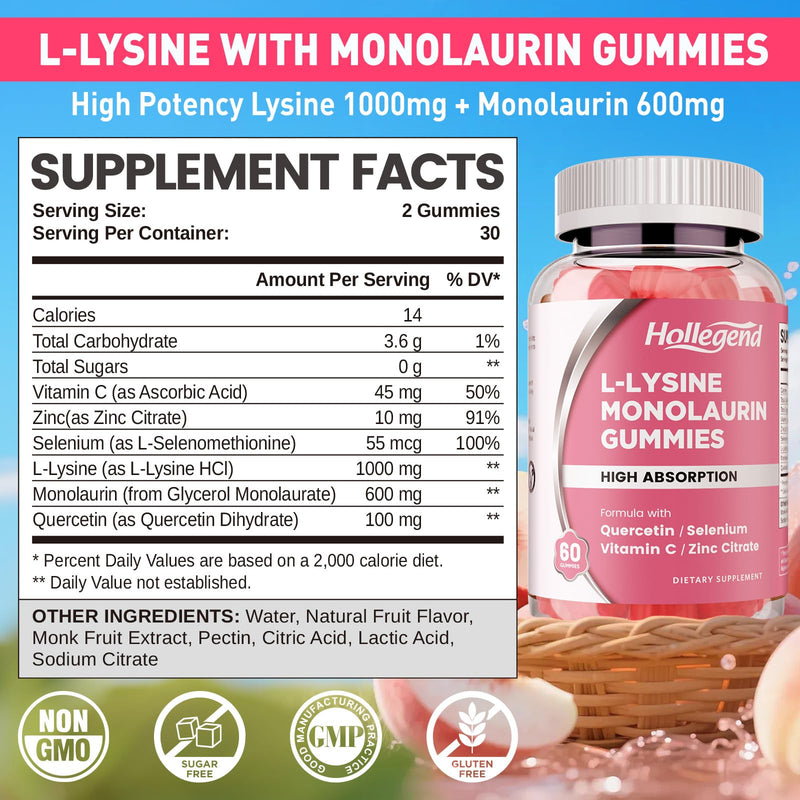L-Lysine Monolaurin Gummies for Adults & Kids, Peach Flavor, 60 Ct | Monolaurin and Lysine 1000mg Supplement, with Vitamin C, Zinc, Selenium & Quercetin